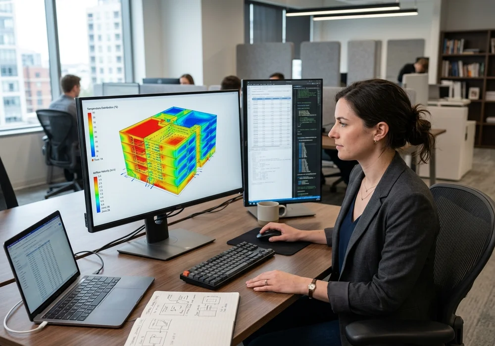 Energy Modeling Engineer Analyzing 3D Building Thermal Zoning and Airflow Simulation Heatmaps