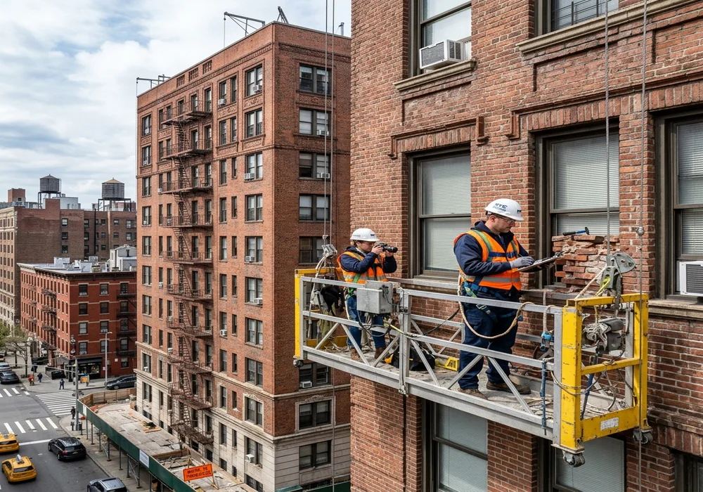 FISP Cycle 10 NYC Facade Inspection Guide concept showing brick high rise building with suspended scaffolding