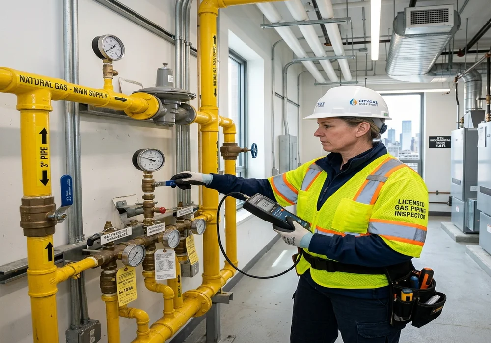 Licensed inspector examining exposed gas piping in NYC building mechanical room