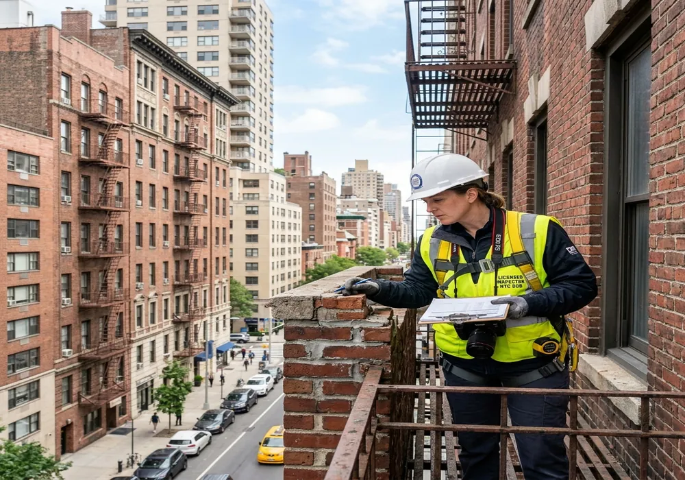 Licensed QEWI Inspector examining building exterior facade in New York City
