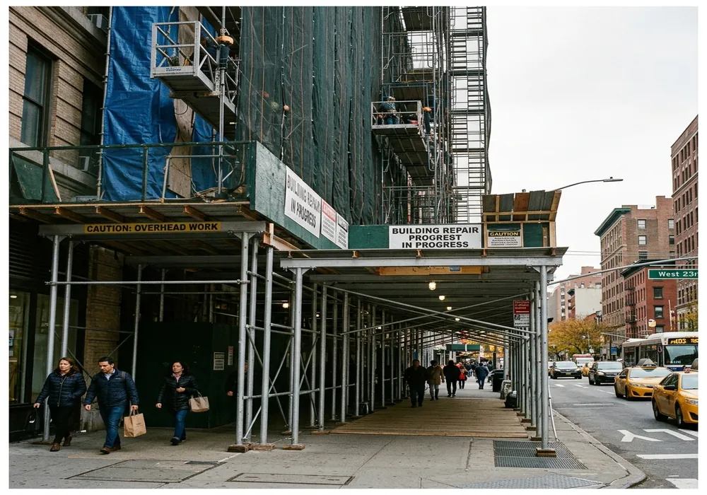 Sidewalk shed protection and facade repair work along NYC building street front