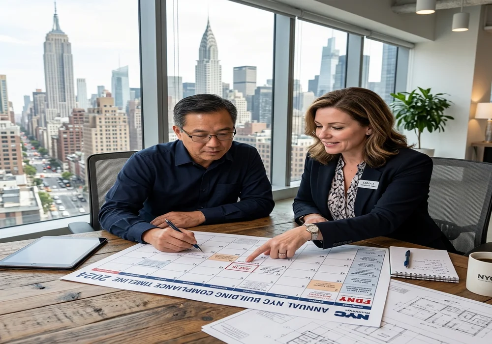 Property manager and engineer reviewing annual compliance schedule in NYC office
