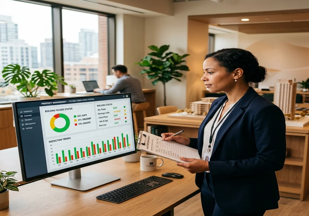 Property management dashboard tracking building inspection compliance safety classifications